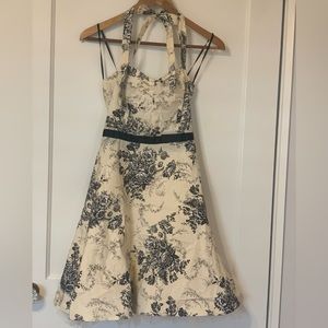 Halter ivory and white A-Line midi dress in floral print SZ 3/4